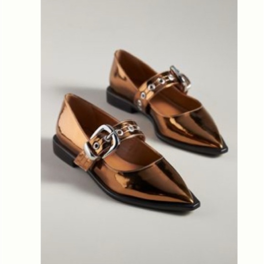 Bronze Pointed-Toe Metallic Mary-Jane Moto flats